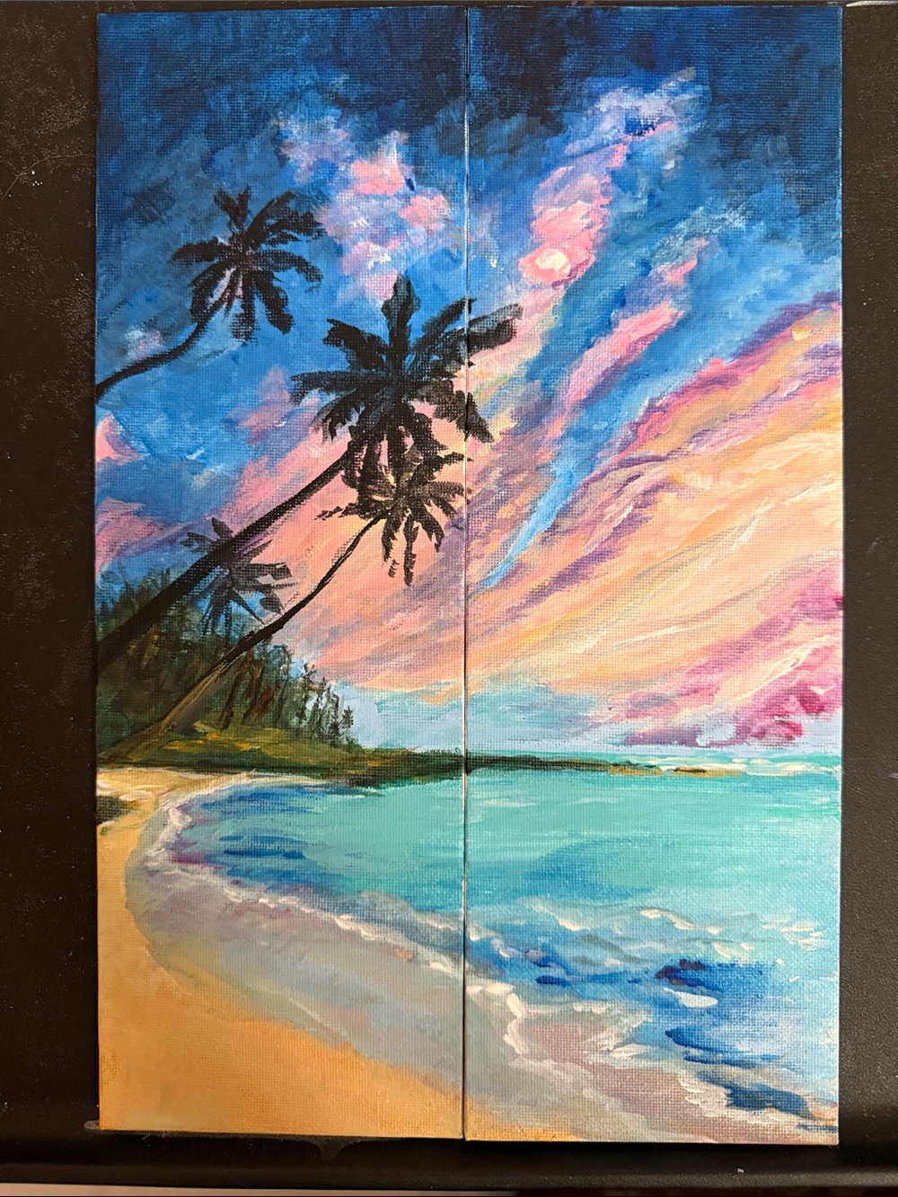 Tropical Sunset Beach Canvas Wall Art - Blue, Pink & Teal